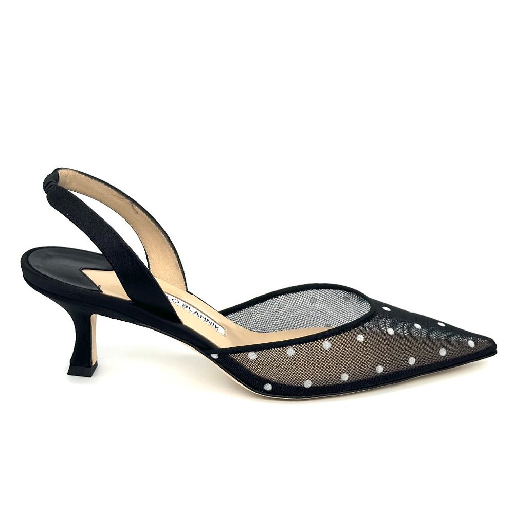 Manolo Blahnik CAROLYNE Polka Dot Mesh Satin Slingback Pumps Sandals Heels - Picture 12 of 16